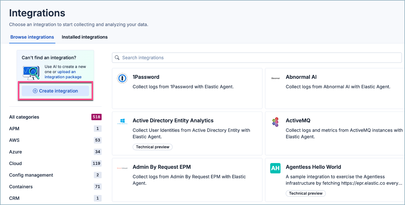 The Integrations page with the Create integration button highlighted