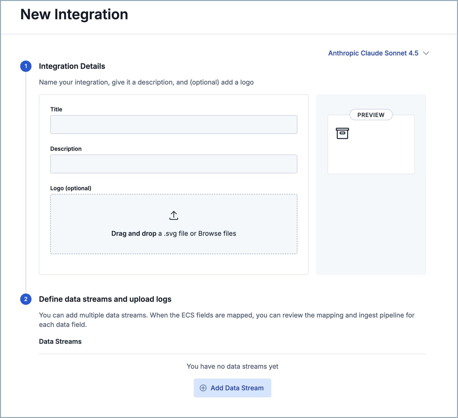 The New Integration page showing Integration Details fields and an Add Data Stream button
