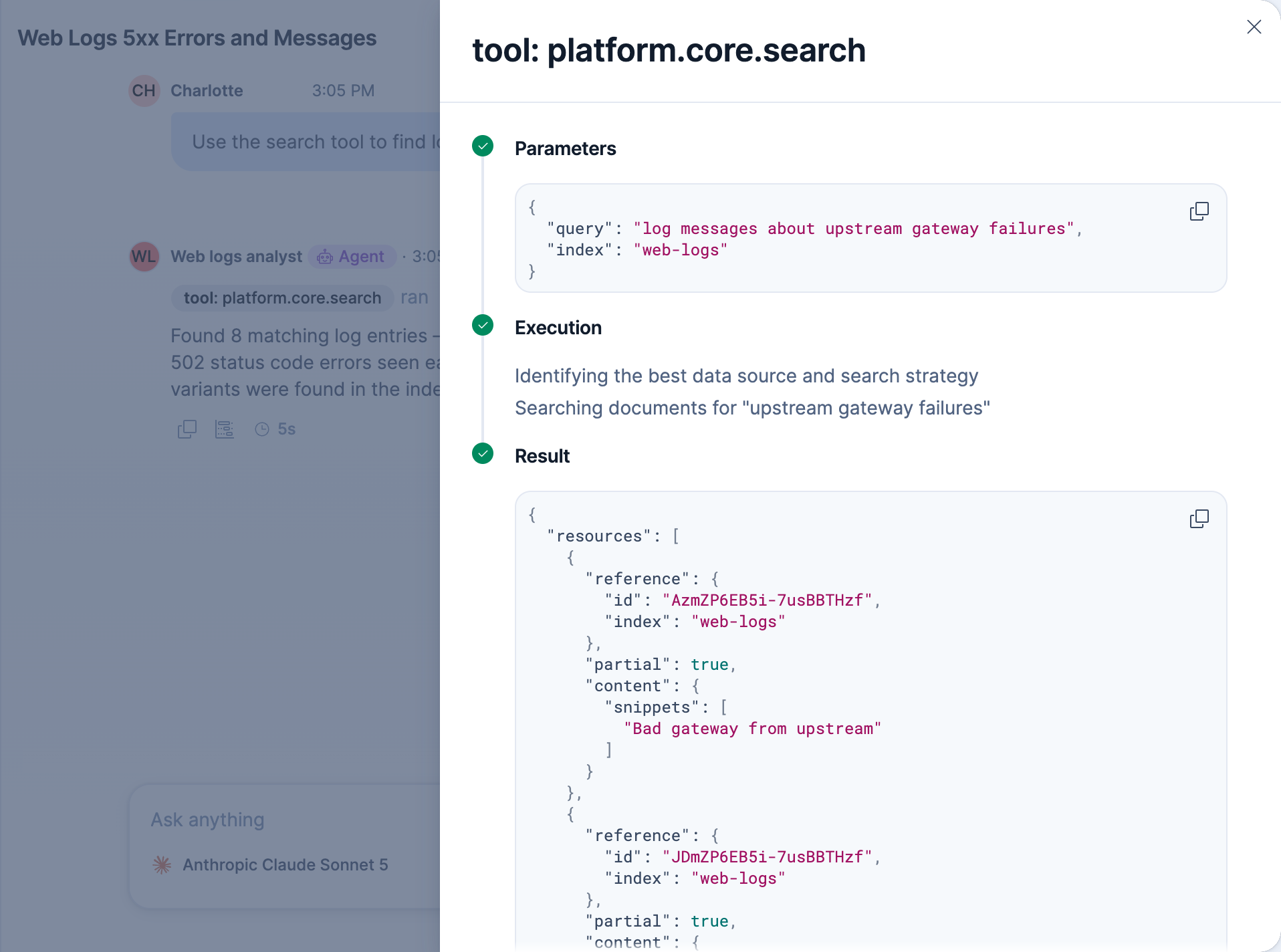 Flyout for a platform.core.search tool call, showing the Parameters, Execution, and Result sections next to the tool call in the conversation