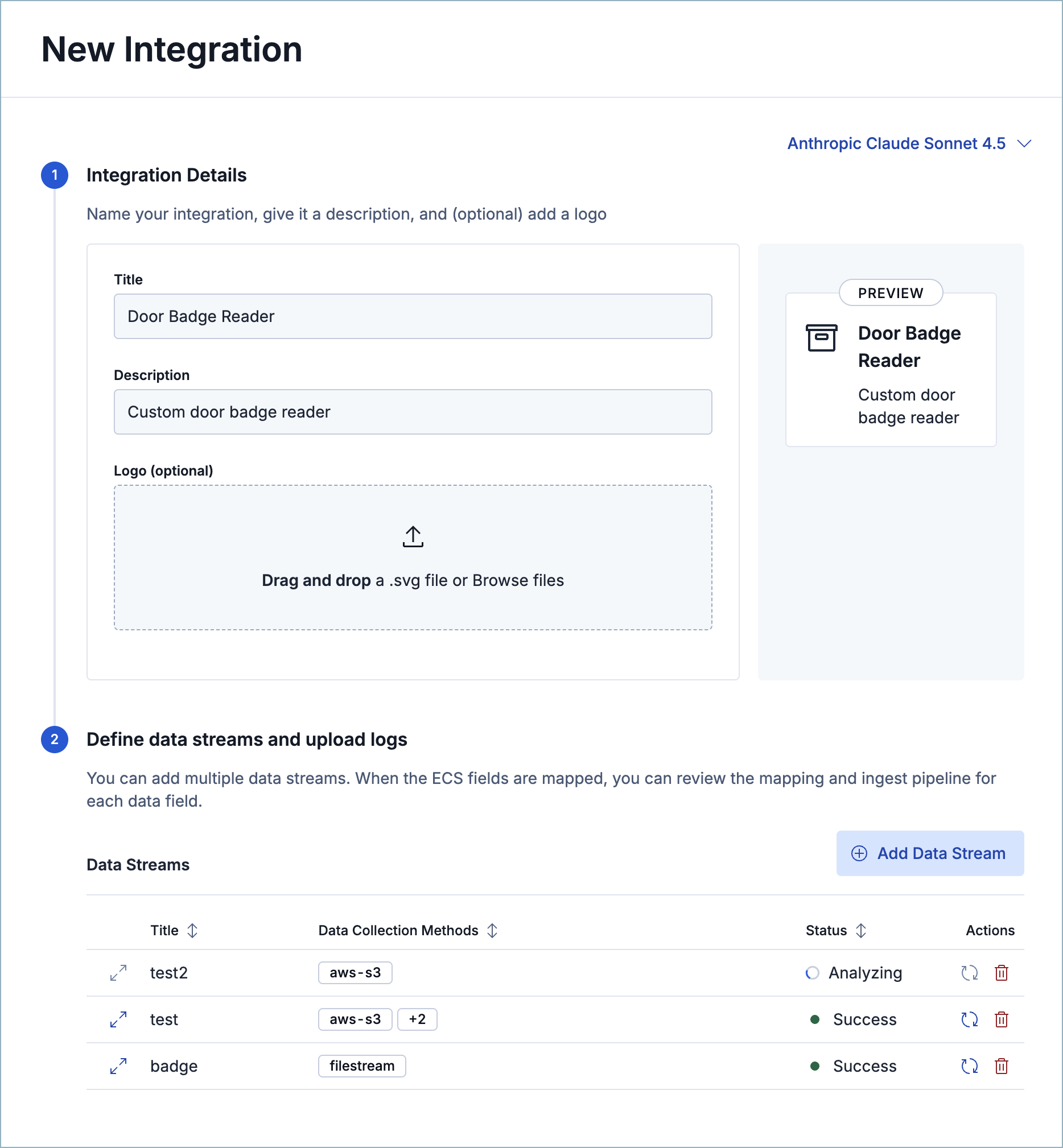 The New Integration page showing multiple data streams with Analyzing and Success statuses