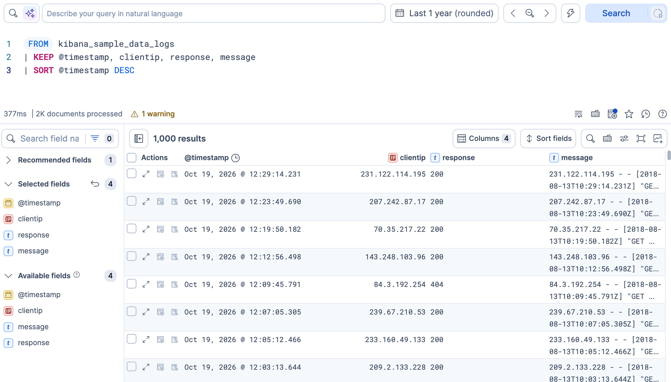 Discover showing an ES|QL query that keeps four fields and sorts by timestamp, with a results table of those four columns