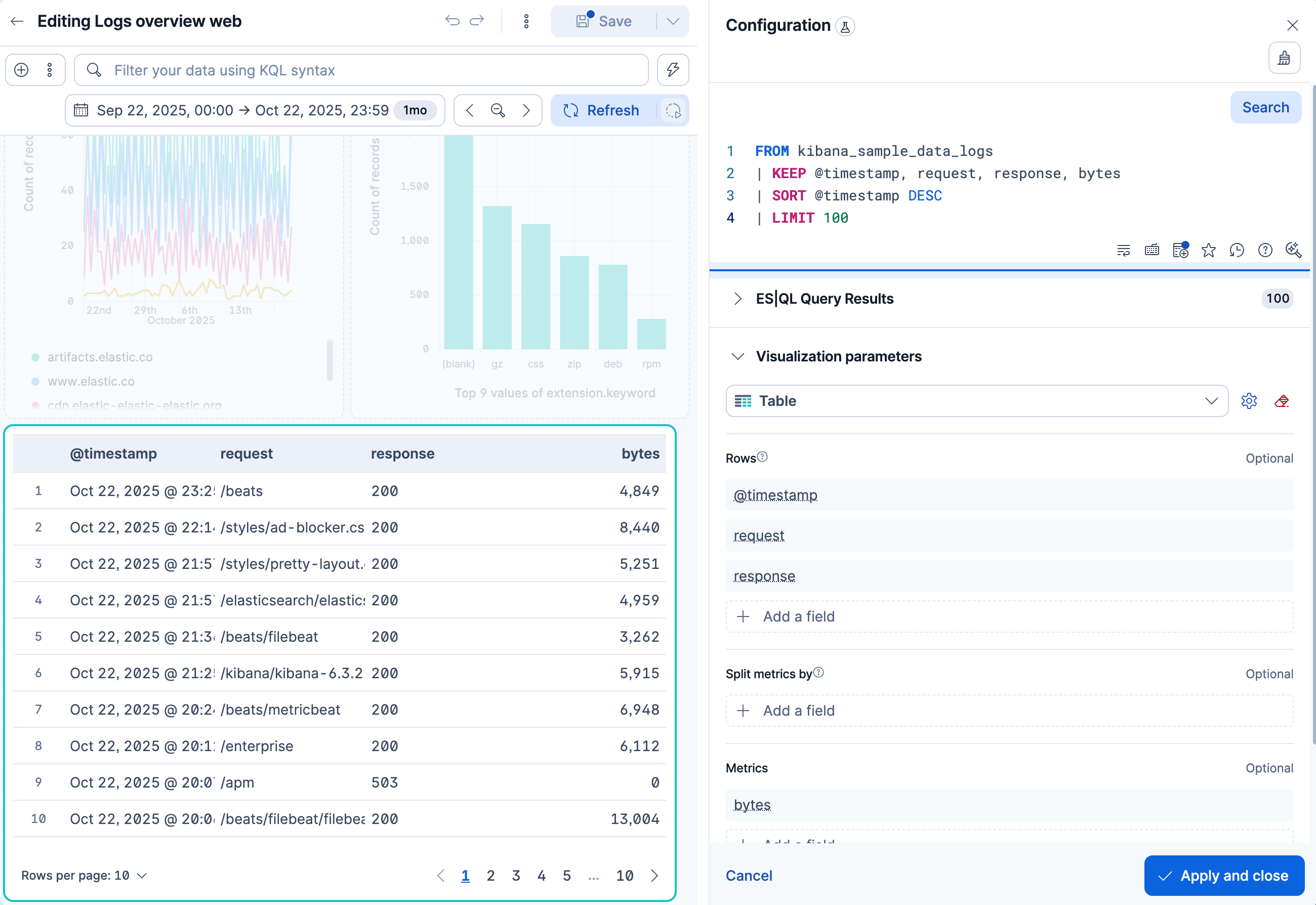 ES|QL visualization editor showing a table of recent log events with the query and table configuration
