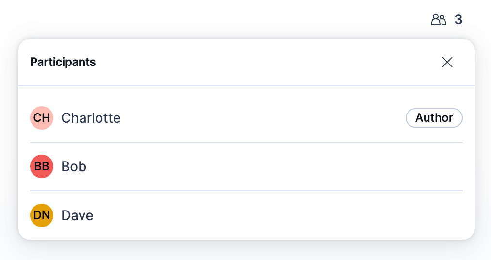 Participants popover showing the conversation owner labeled Author and the other members