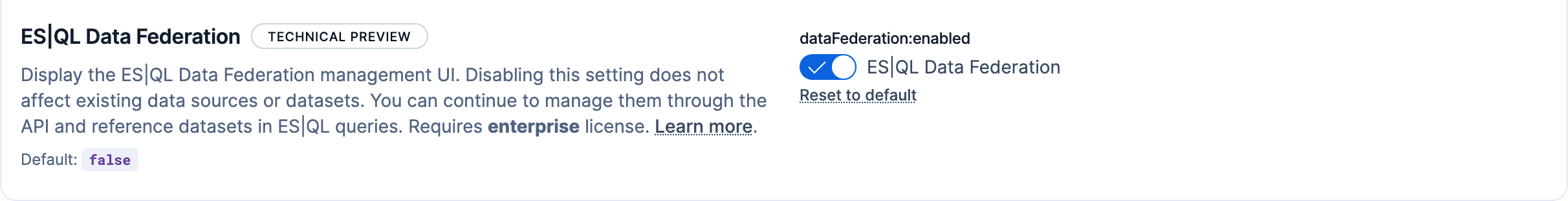The ES|QL Data Federation advanced setting turned on in the Global Settings tab The ES|QL Data Federation advanced setting turned on in the Global Settings tab