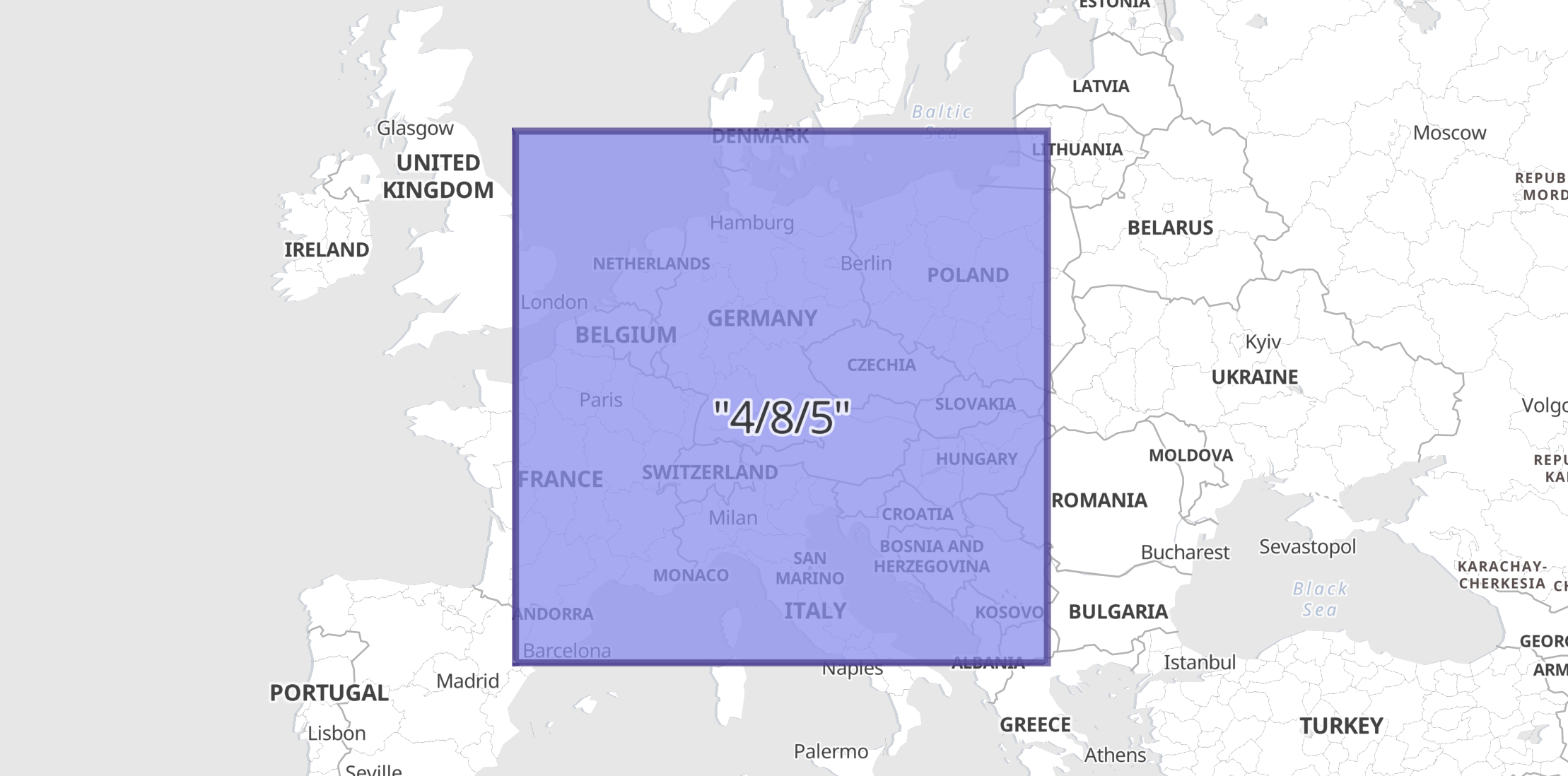 Kibana map with showing the geotile at 4/8/5 and its four child cells Kibana map with showing the geotile at 4/8/5 and its four child cells