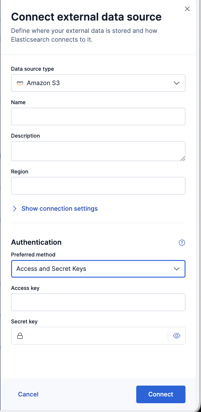 The Connect external data source flyout for an Amazon S3 data source, with the Access and Secret Keys authentication method selected