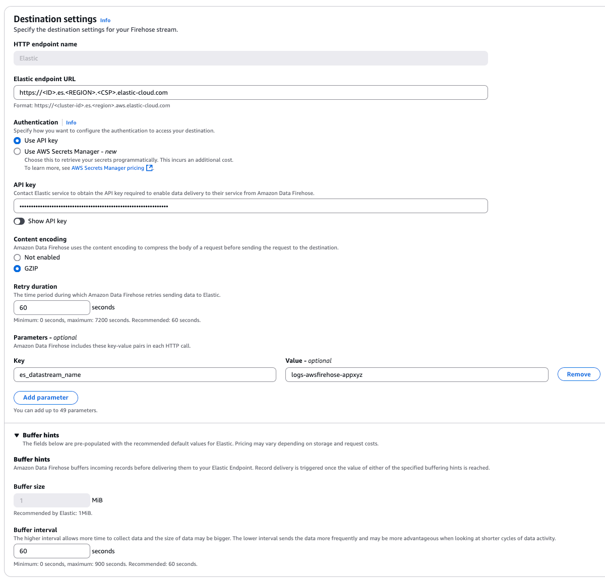 Firehose Destination Settings