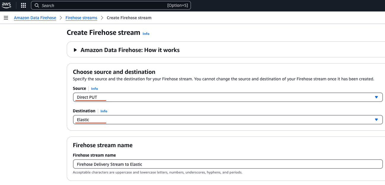 Choose Firehose Source and Destination