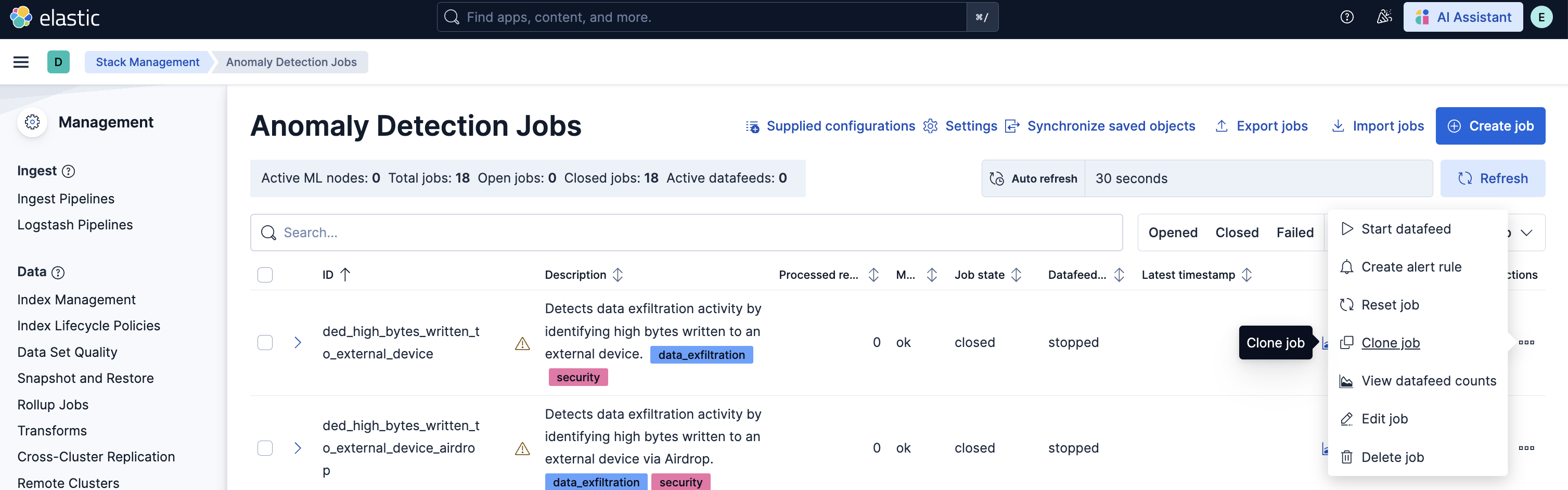 Data Exfiltration Detection jobs