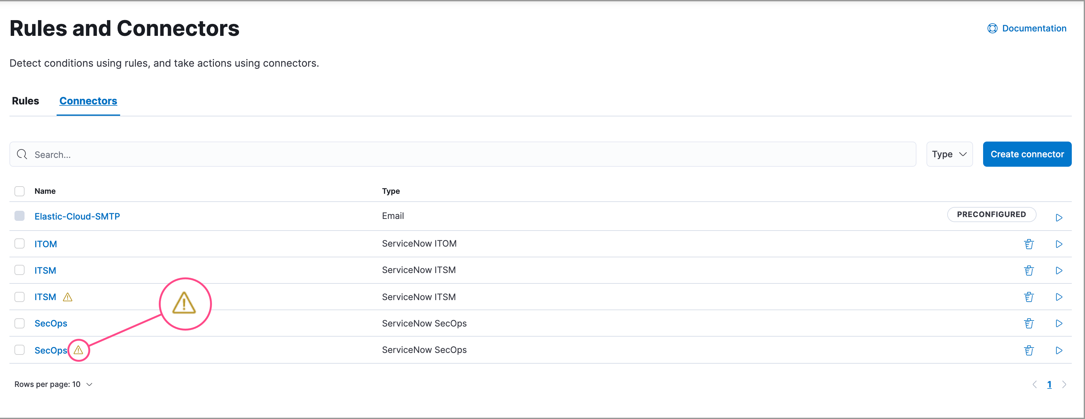 Shows deprecated ServiceNow connectors